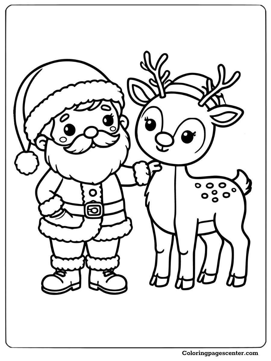 Baby reindeer standing next to Santa Claus coloring page