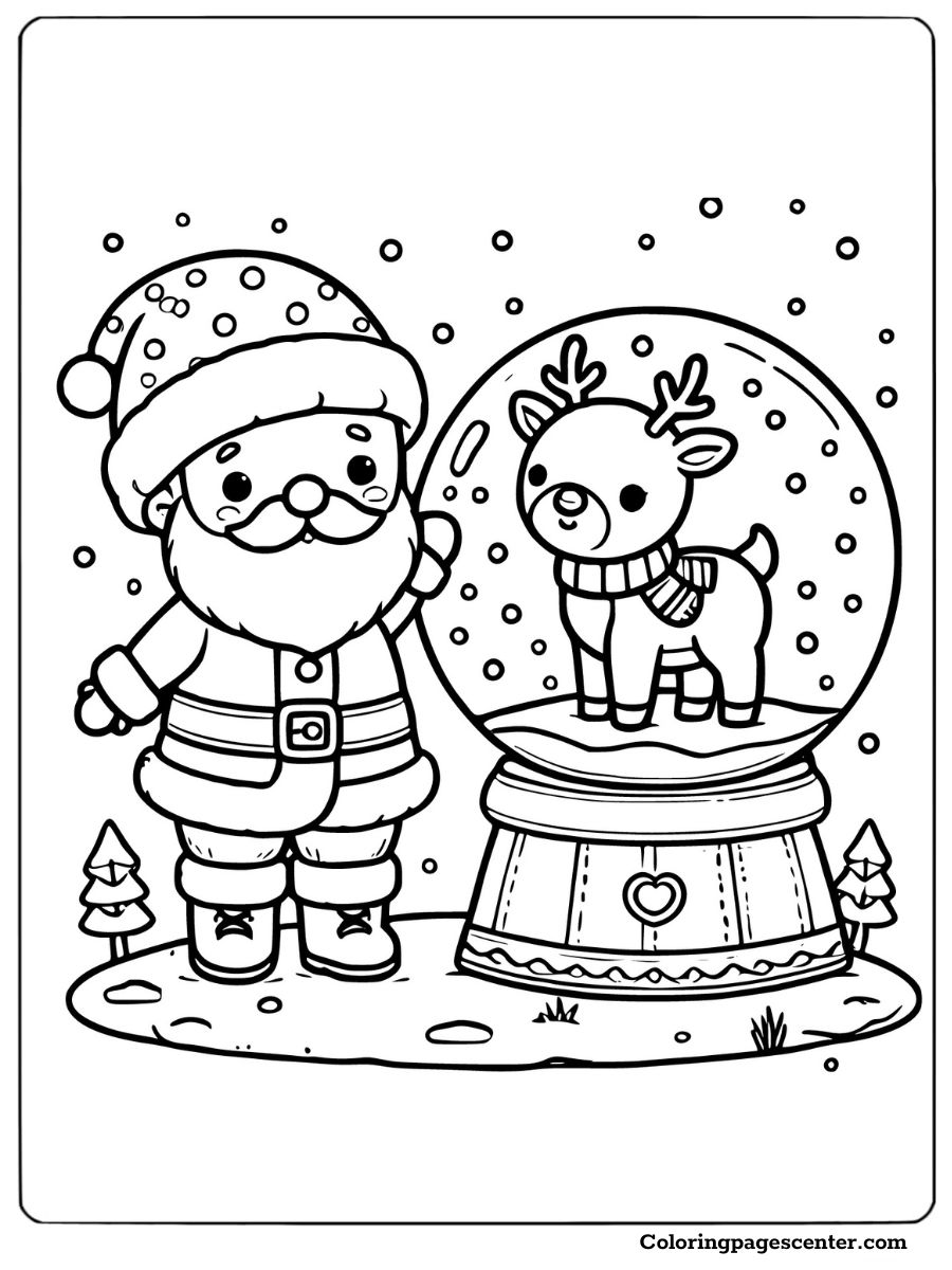 Santa and baby reindeer in a festive snow globe coloring page