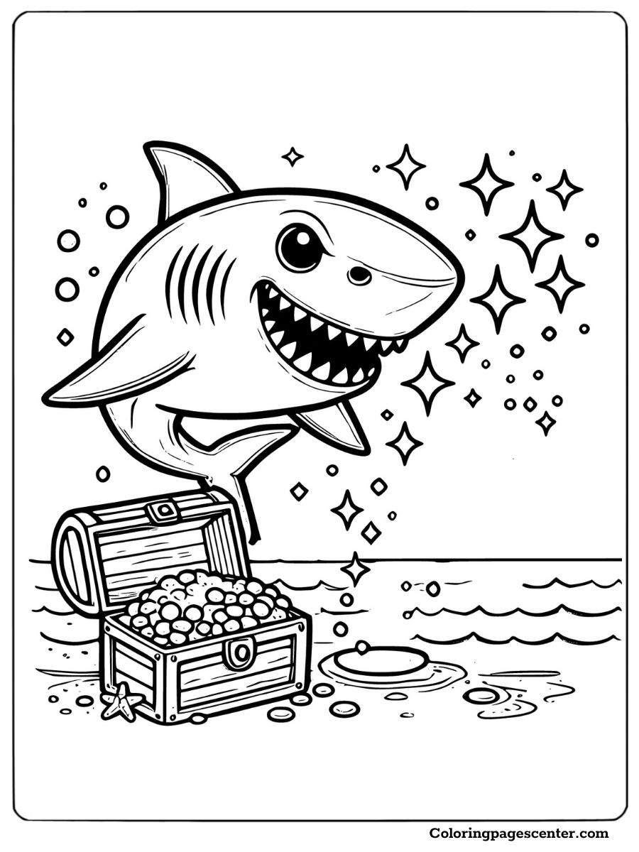 Shark jumping from the water near a treasure chest in the sea Coloring Page