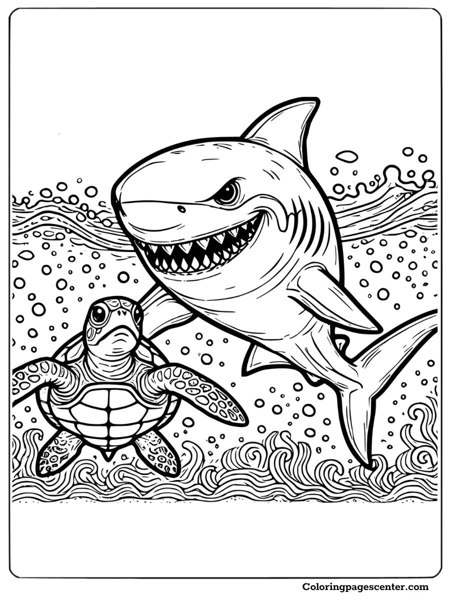 Fearsome shark swimming with a turtle under the sea Coloring Page