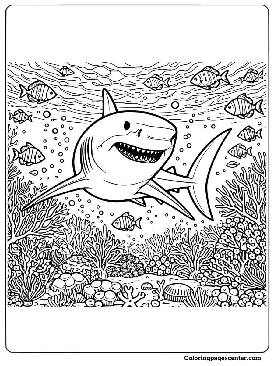 Scary shark swimming among fish and coral in the deep ocean Coloring Page