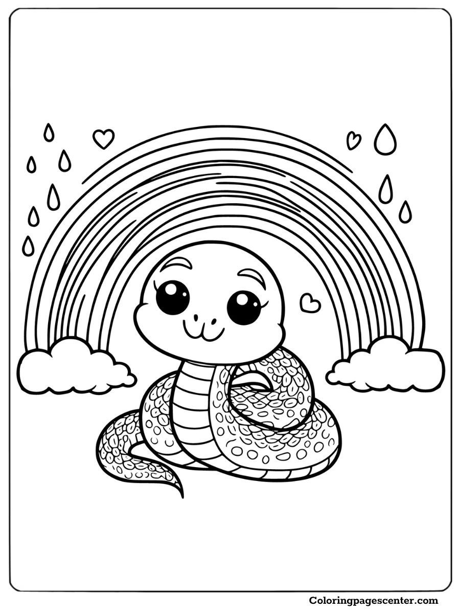 Cute snake with a rainbow and clouds perfect coloring page for kids