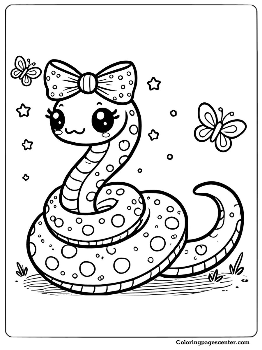 Snake with a bow and butterflies delightful coloring page for kids