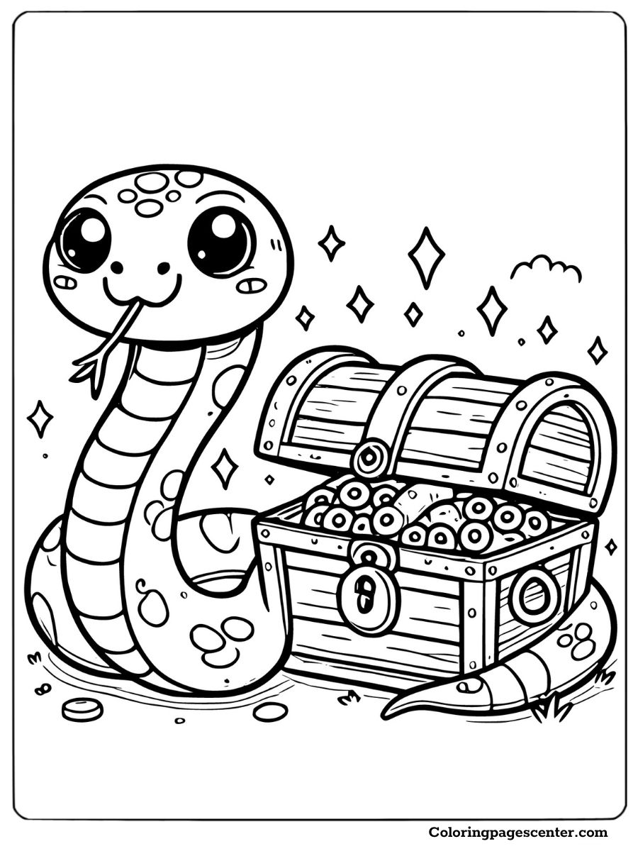 Snake next to a treasure chest engaging coloring page for kids