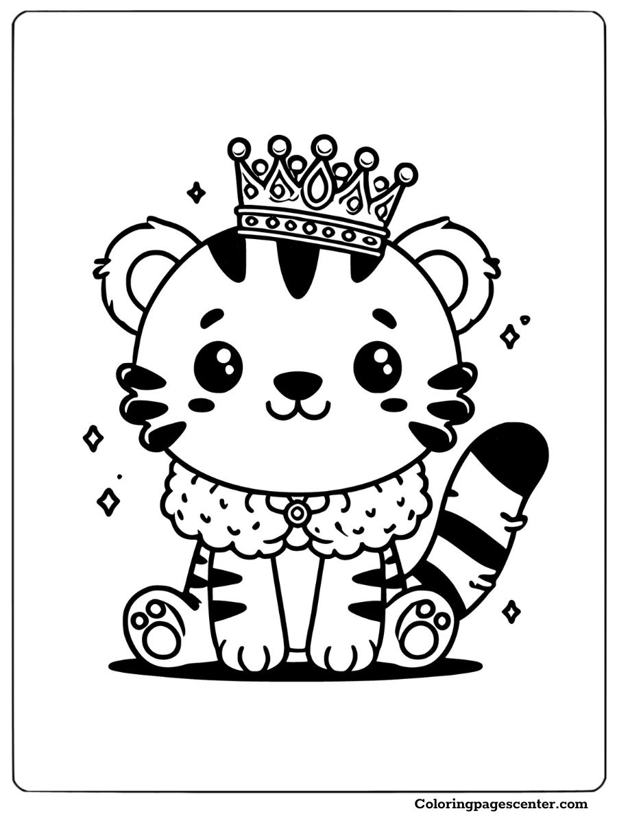 Tiger with a crown and royal cloak fun coloring page for kids