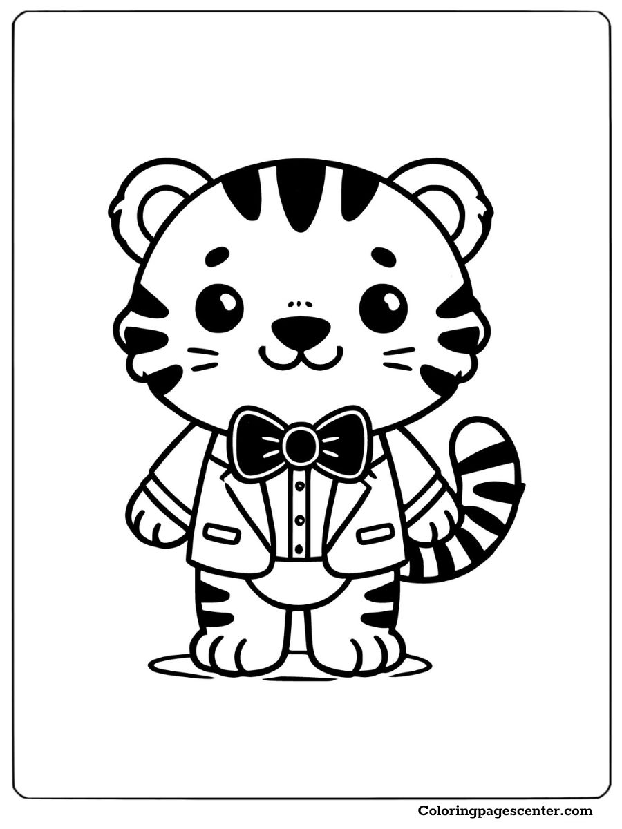 Tiger wearing a suit and bow tie perfect coloring page for kids