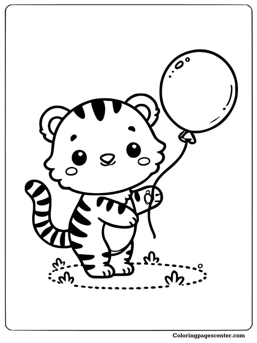 Playful tiger holding a balloon in a grassy field coloring page for kids