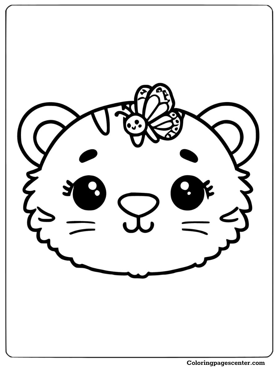 Adorable tiger head with a butterfly sitting on top tiger head coloring page