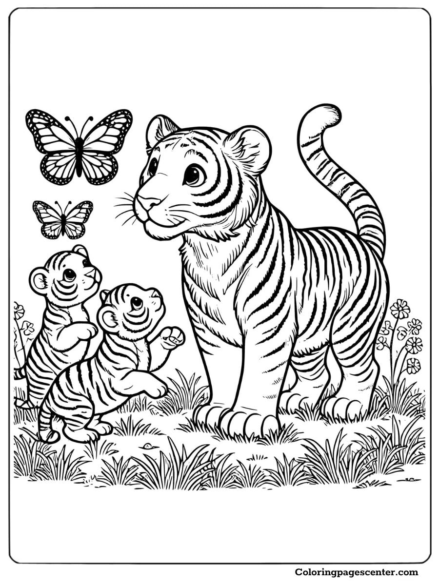 Playful tiger family with butterflies in a grassy field tiger family coloring page