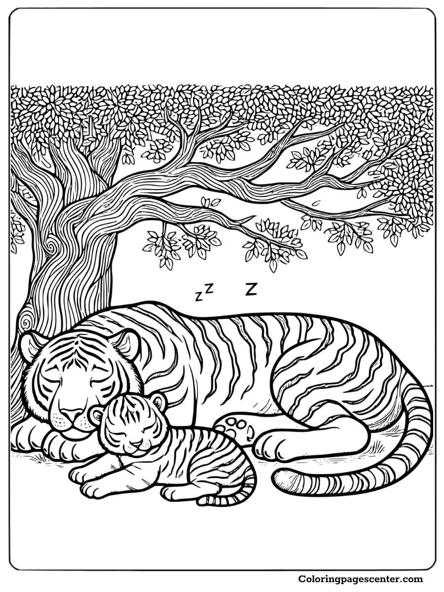 Tiger family resting under a large tree tiger family coloring page