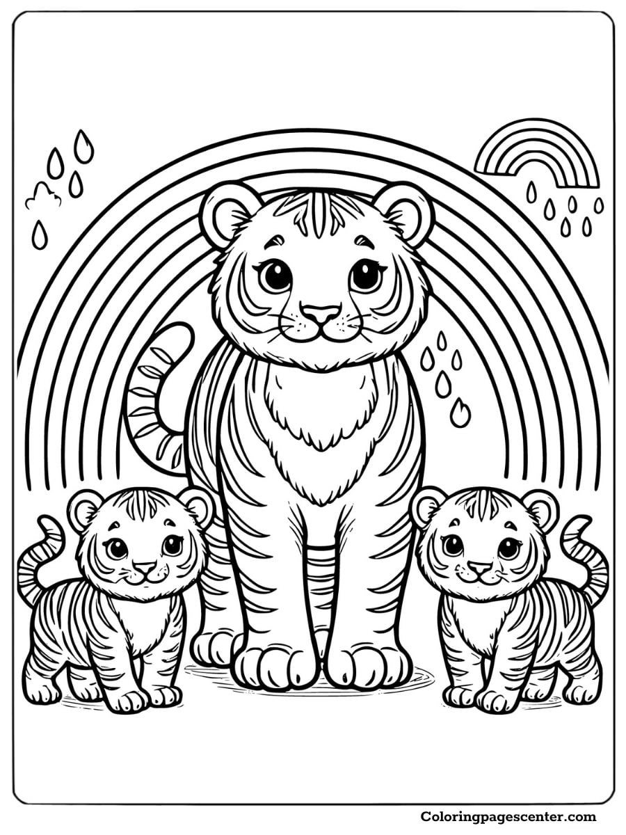 Tiger family with two cubs standing near a rainbow tiger family coloring page