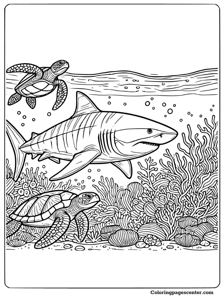 Tiger shark swimming with turtles through vibrant coral reefs Coloring Page