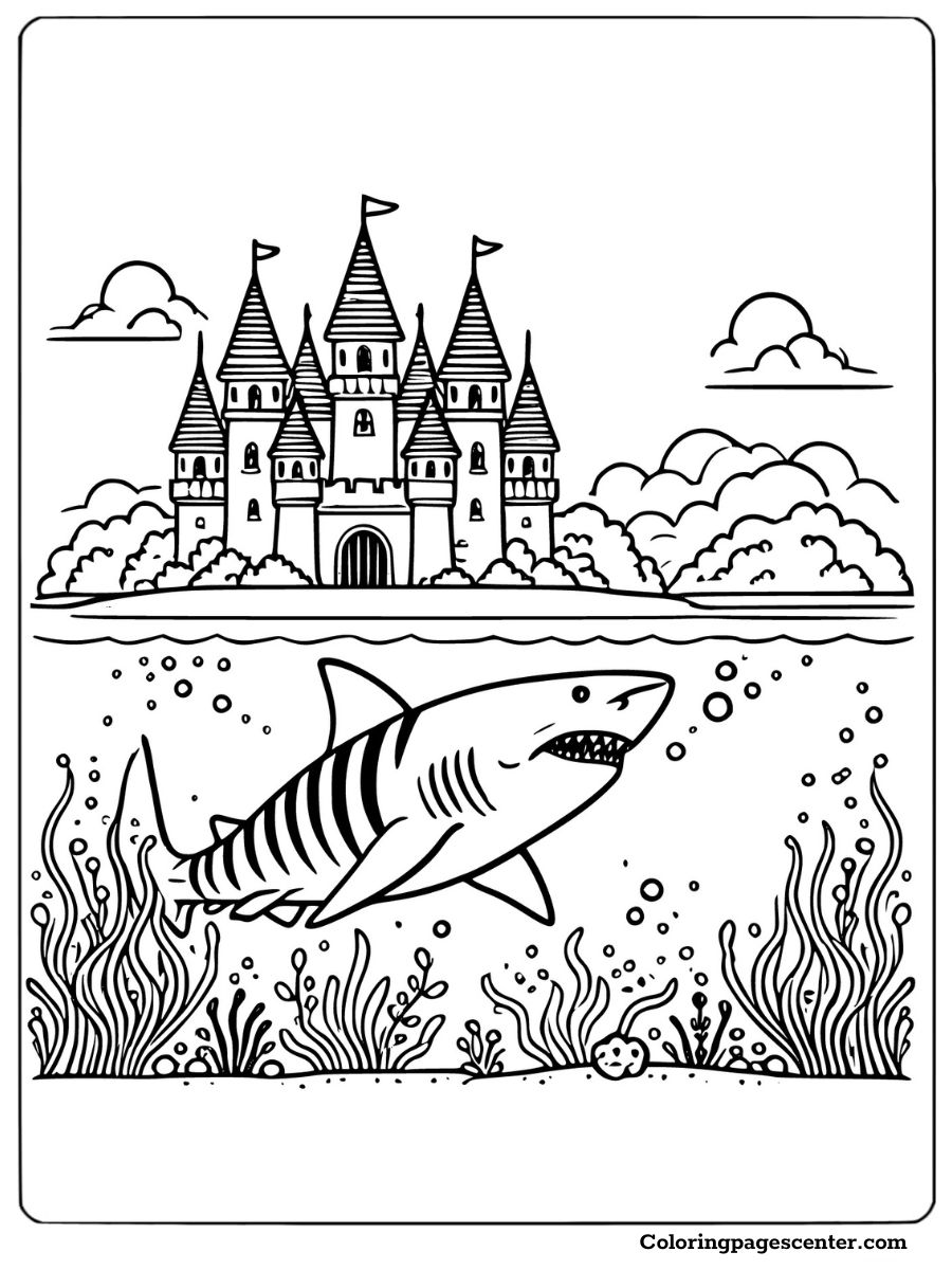 Tiger shark gliding underwater near a fantasy castle and coral Coloring Page