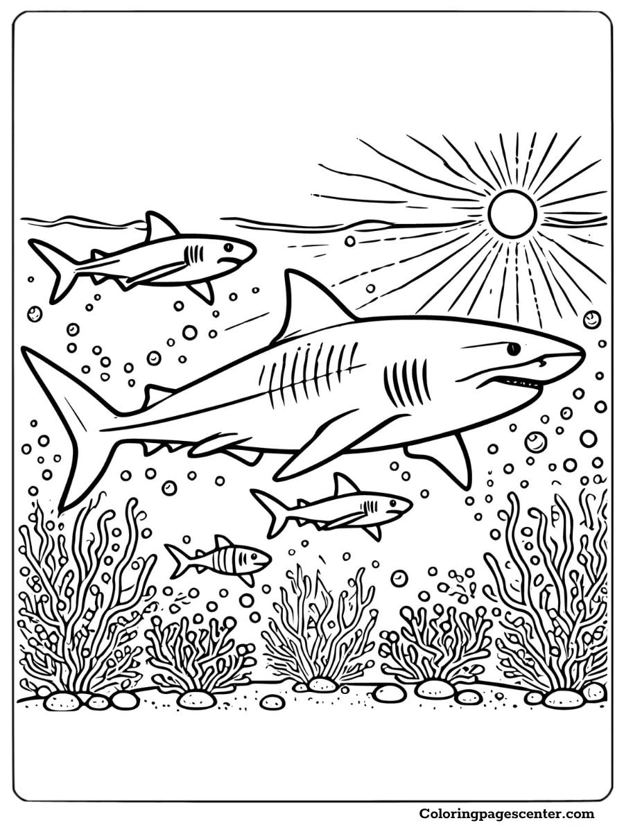 Tiger shark swimming in clear ocean waters near coral reefs Coloring Page