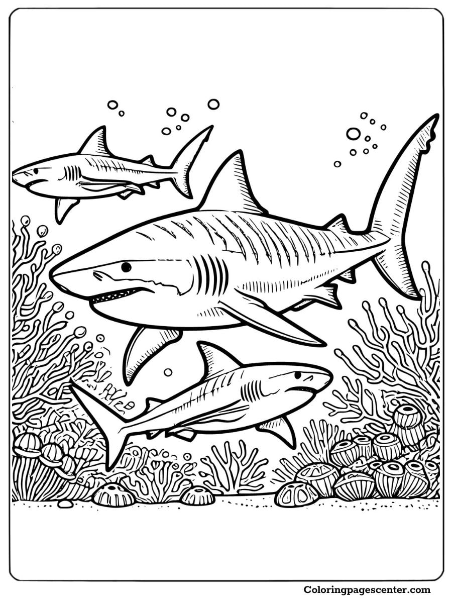 Tiger shark swimming with smaller sharks and colorful coral Coloring Page