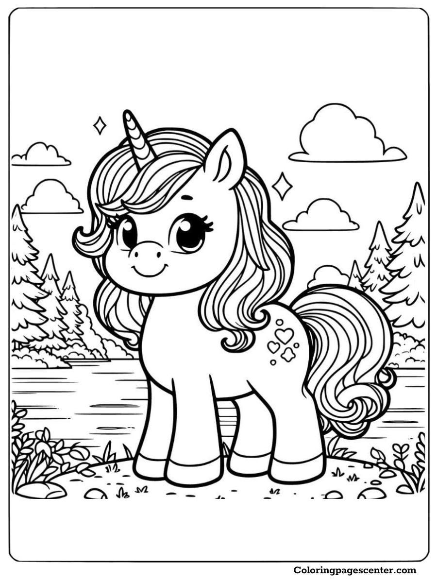 Unicorn with a sparkling mane surrounded by clouds Coloring Page