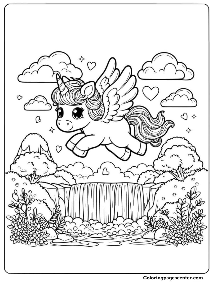 Unicorn with wings soaring above a waterfall scene Coloring Page