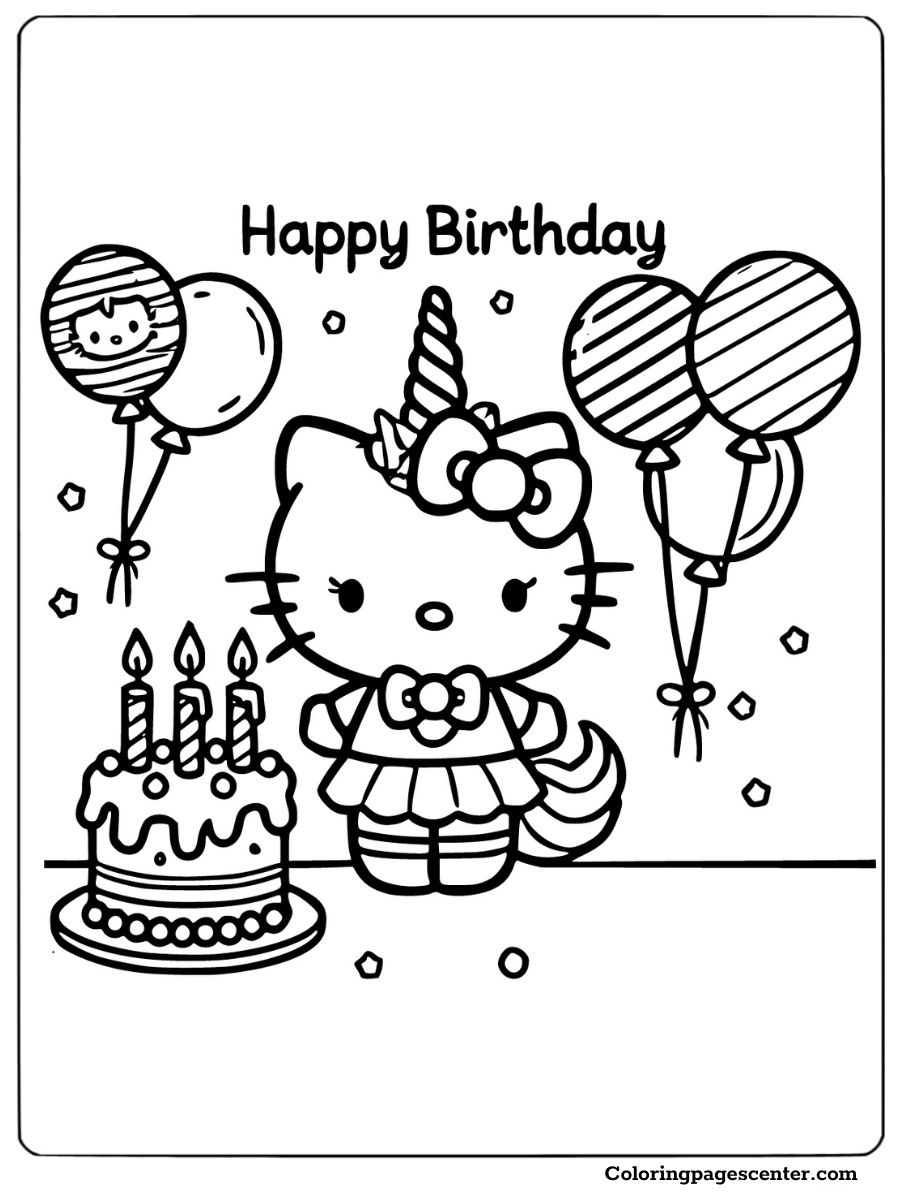 Birthday-themed Unicorn Hello Kitty with cake and balloons Coloring Page