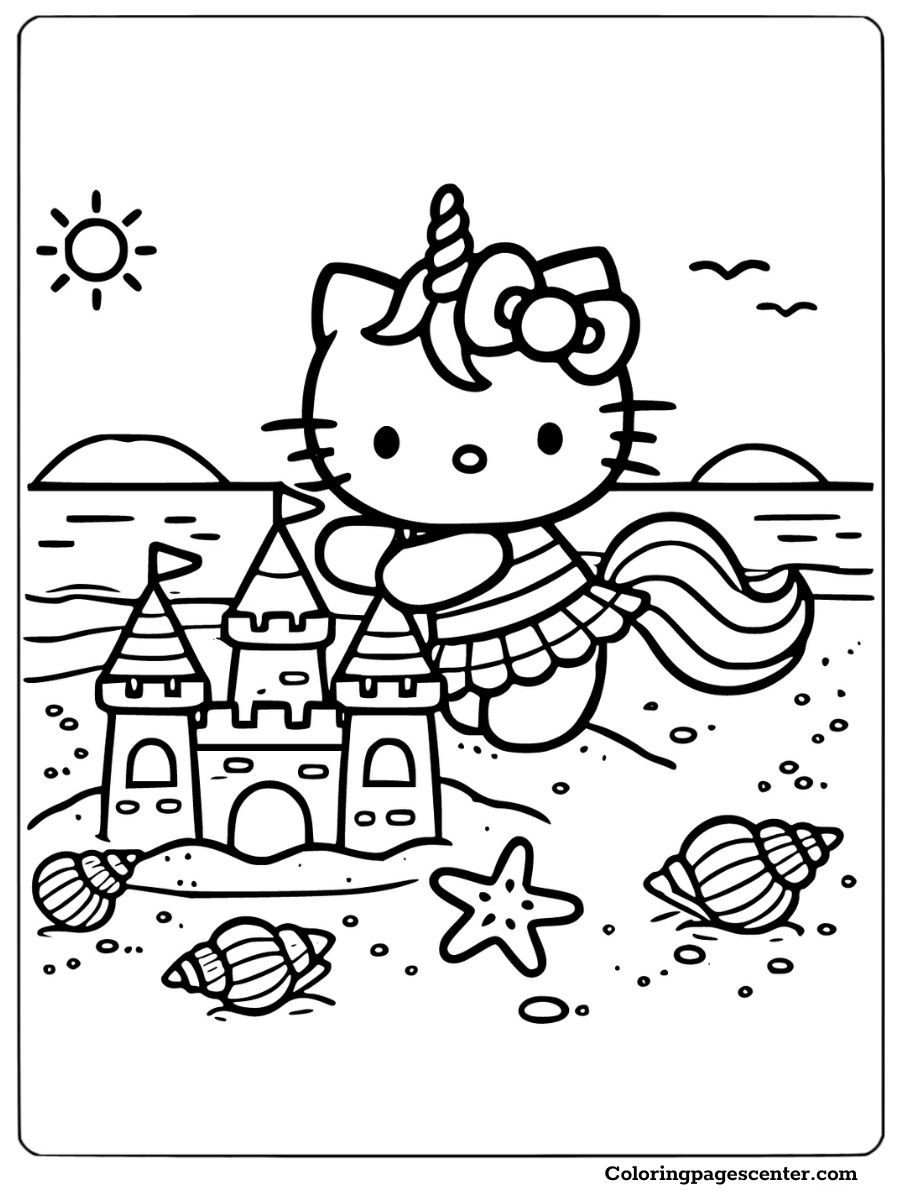 Unicorn Hello Kitty building a sandcastle at the beach Coloring Page