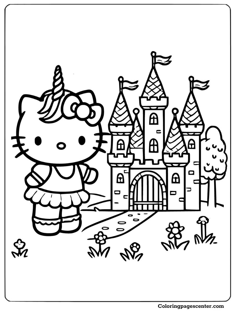 Unicorn Hello Kitty near a fantasy castle Coloring Page