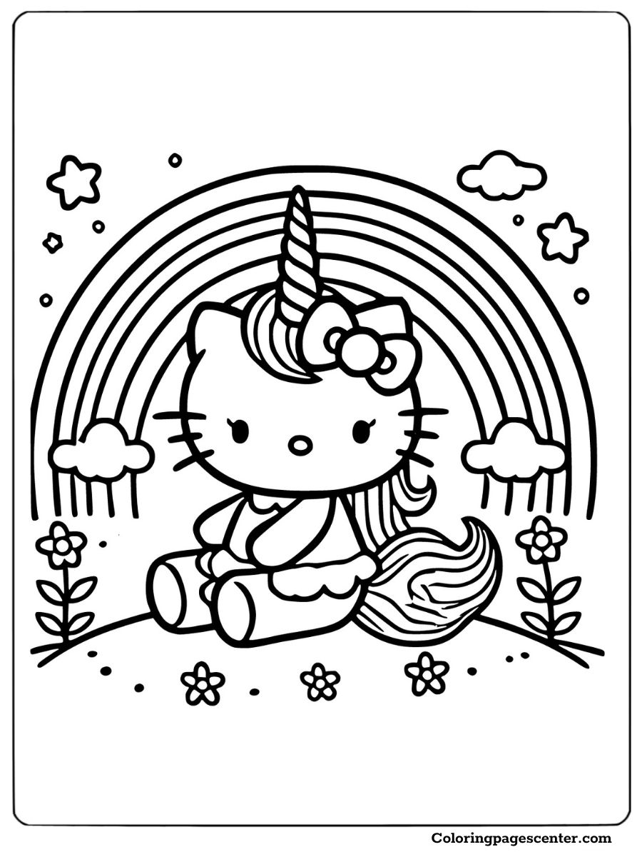 Unicorn Hello Kitty surrounded by clouds and flowers Coloring Page