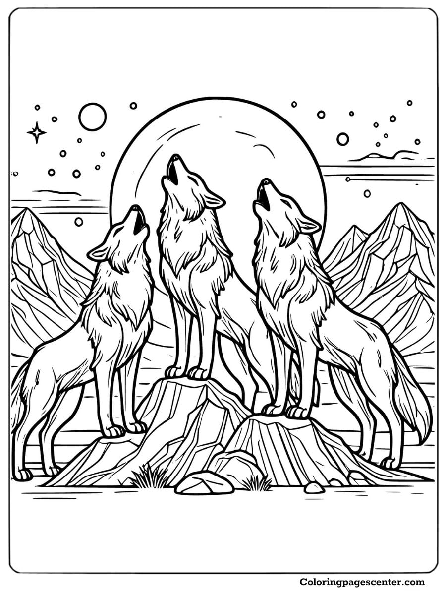 Wolf pack howling at the full moon on rocky terrain coloring page