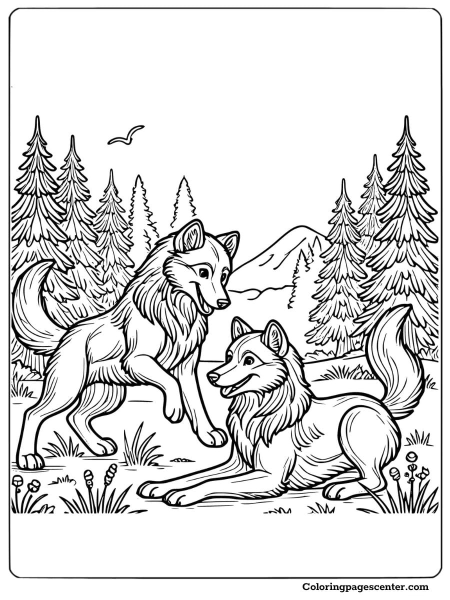 Wolves playing together in the forest with a scenic view coloring page