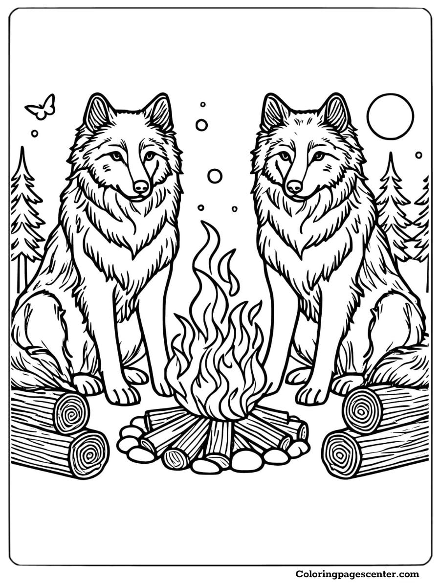 Wolves gathered around the fire with a moonlit sky coloring page