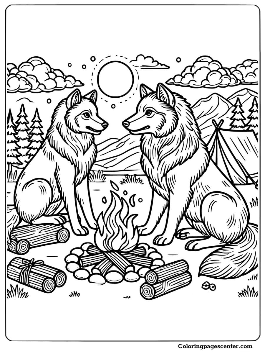 Two wolves sitting by a campfire surrounded by trees coloring page