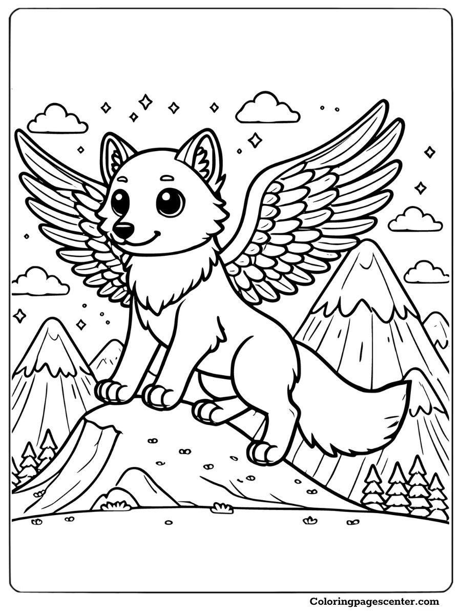 Wolf with wings standing on a mountain peak with clouds coloring page