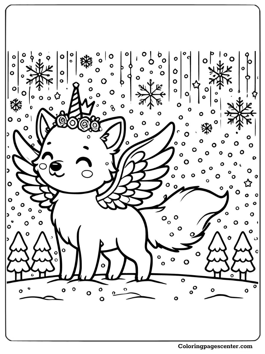 Cute winged wolf with a crown and snow falling coloring page