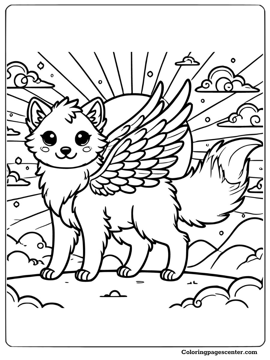 Wolf with wings and sun rays behind it in the sky coloring page