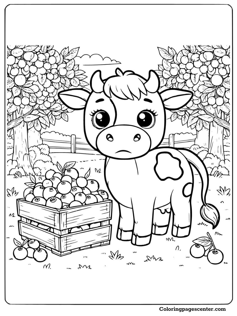 Adorable blueberry cow on a farm detailed coloring sheet