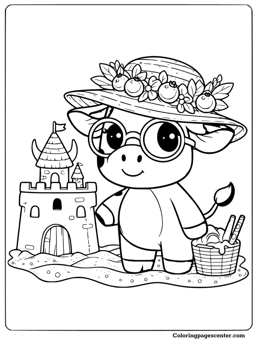 Blueberry cow at the beach with a sandcastle coloring page