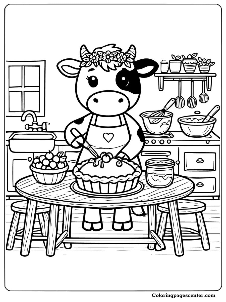 Blueberry cow baking in kitchen fun and easy coloring page