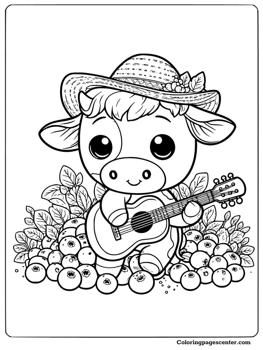 Cute blueberry cow playing guitar fun coloring page for kids