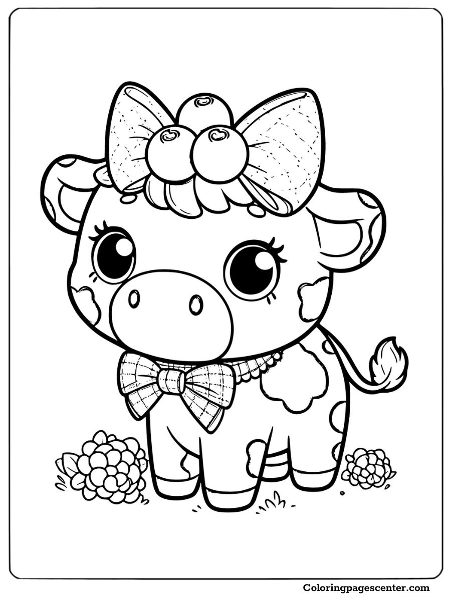 Fashionable blueberry cow with bow stylish coloring page