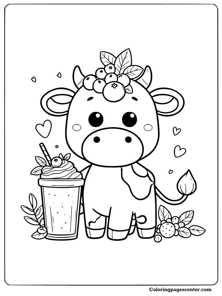 Happy cow with a smoothie and berries cute coloring sheet