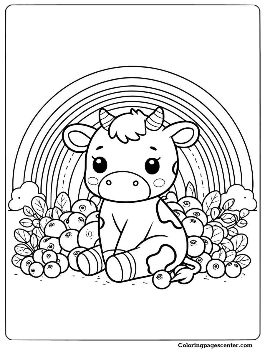 Blueberry cow with a rainbow and berries joyful coloring sheet