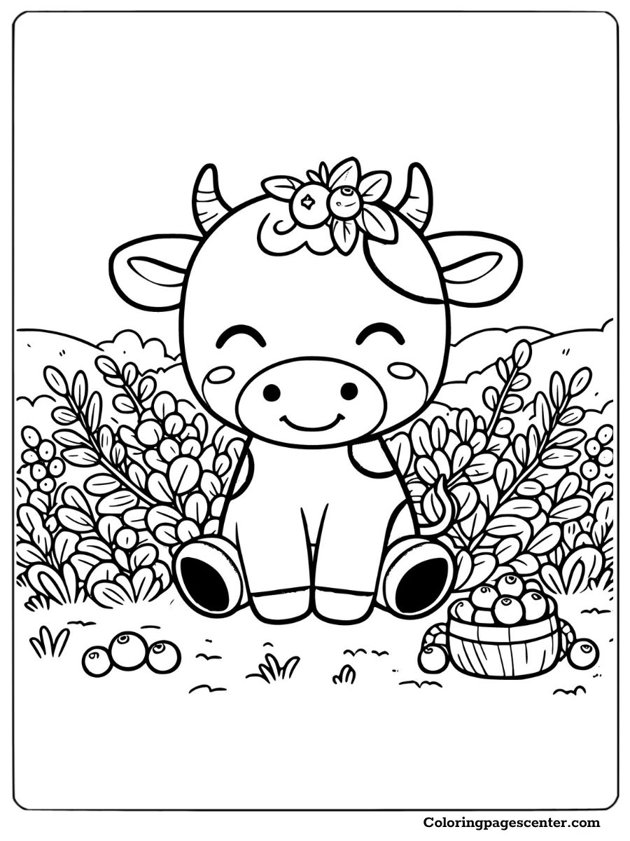 Smiling cow sitting in a berry field relaxing coloring sheet