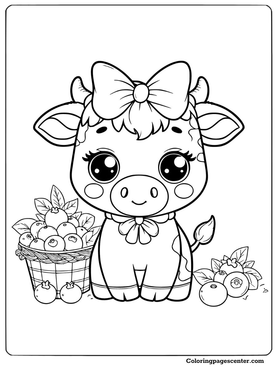 Sweet blueberry cow with fruit basket printable coloring page