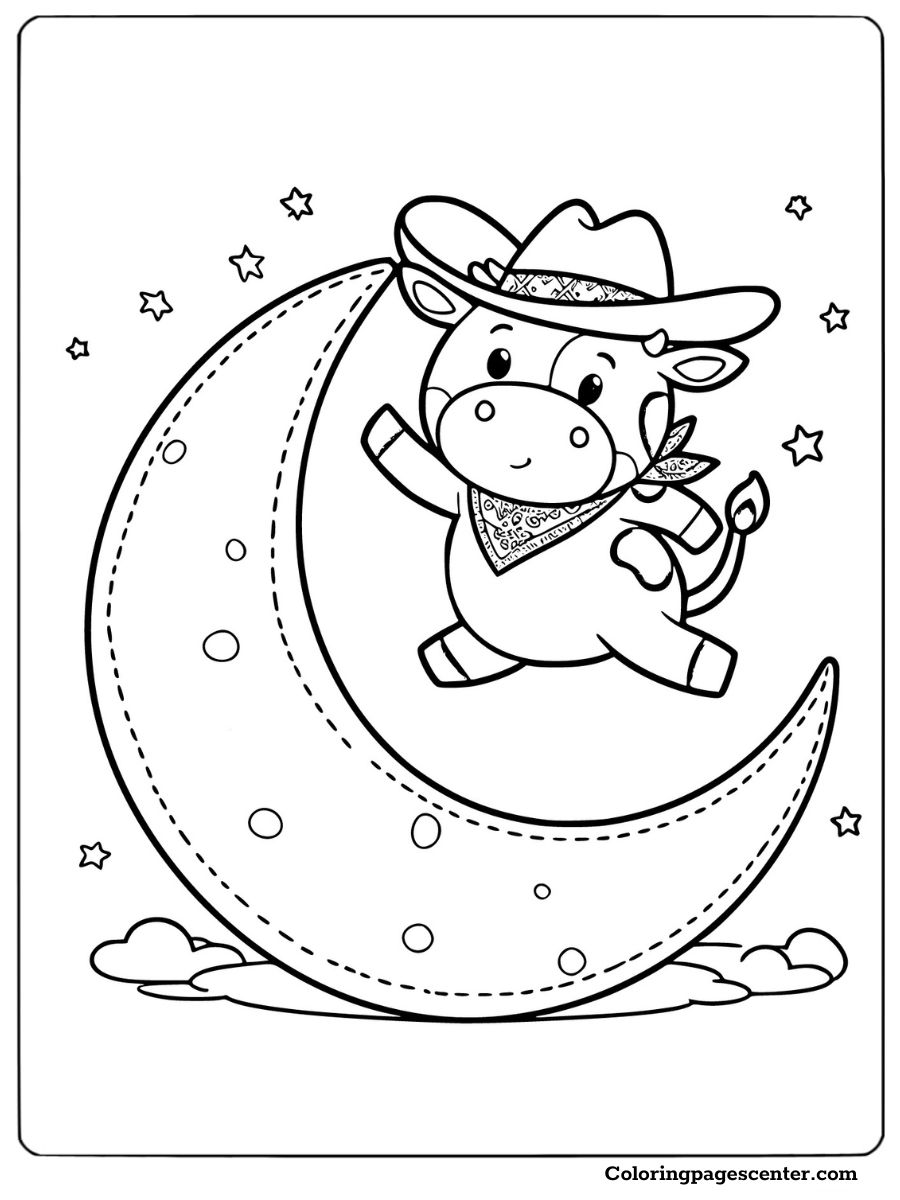 Western-themed cow with a cowboy hat over the moon coloring page