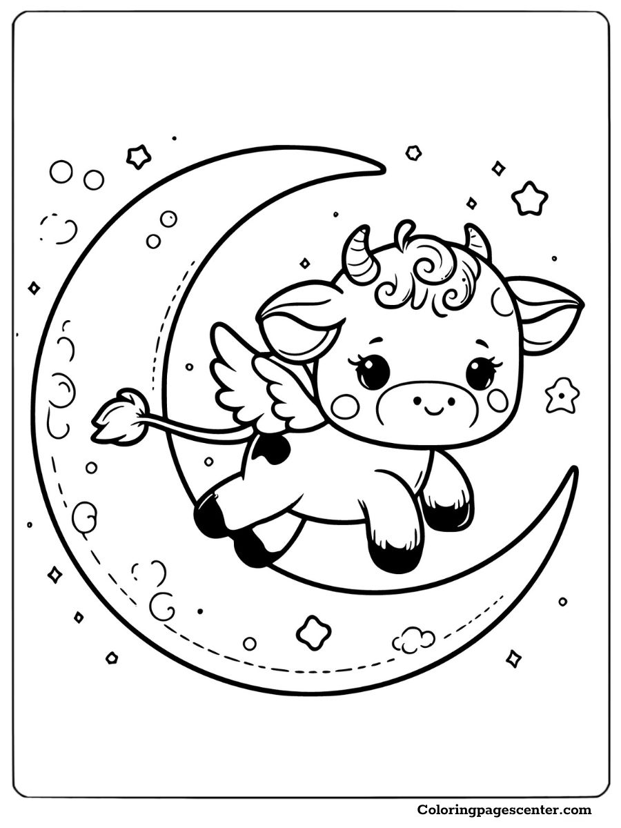 Cute winged cow soaring over the crescent moon coloring page