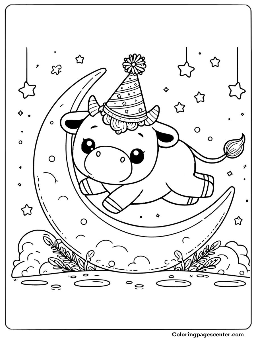 Cow wearing a party hat on the crescent moon coloring page