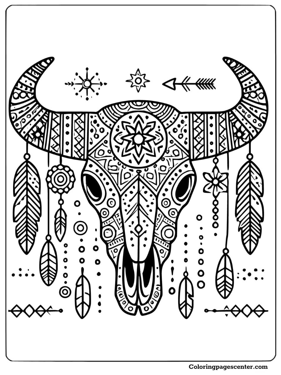 Bohemian cow skull coloring page with feathers and geometric details