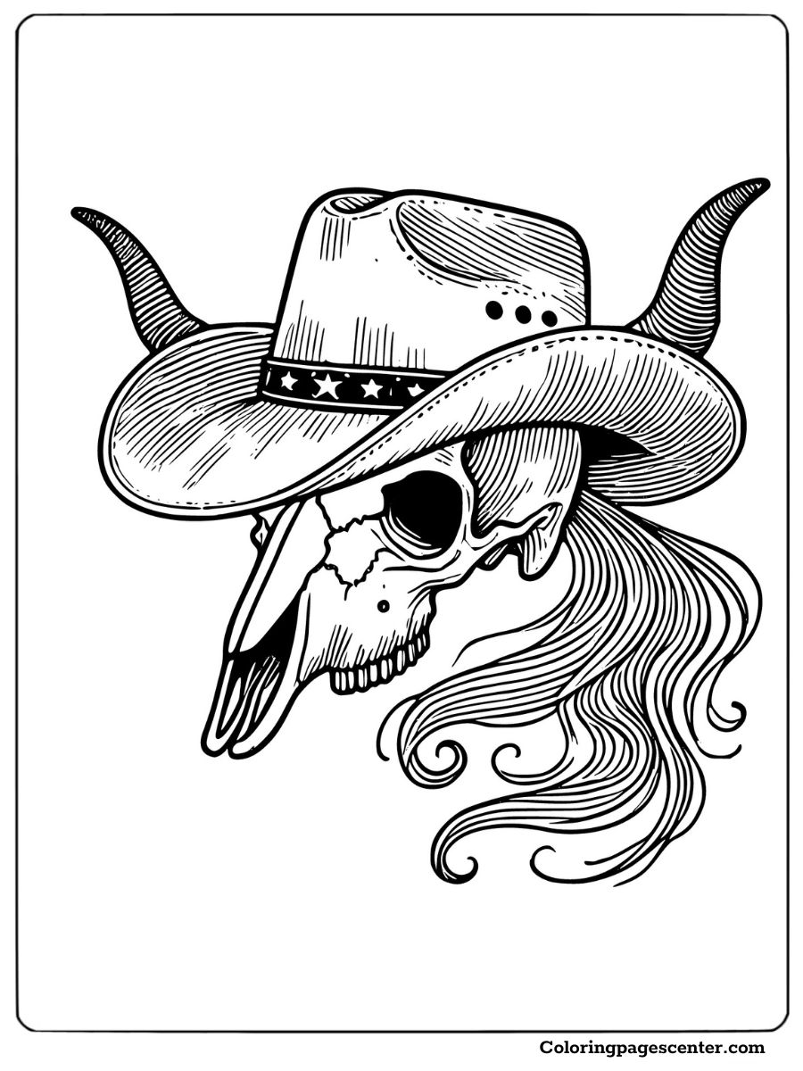 Cow skull with cowboy hat and flowing hair coloring page