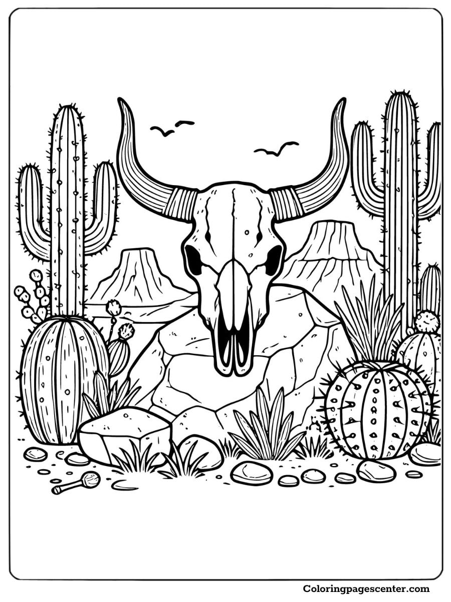 Cow skull in a desert setting with cacti and mountains coloring page