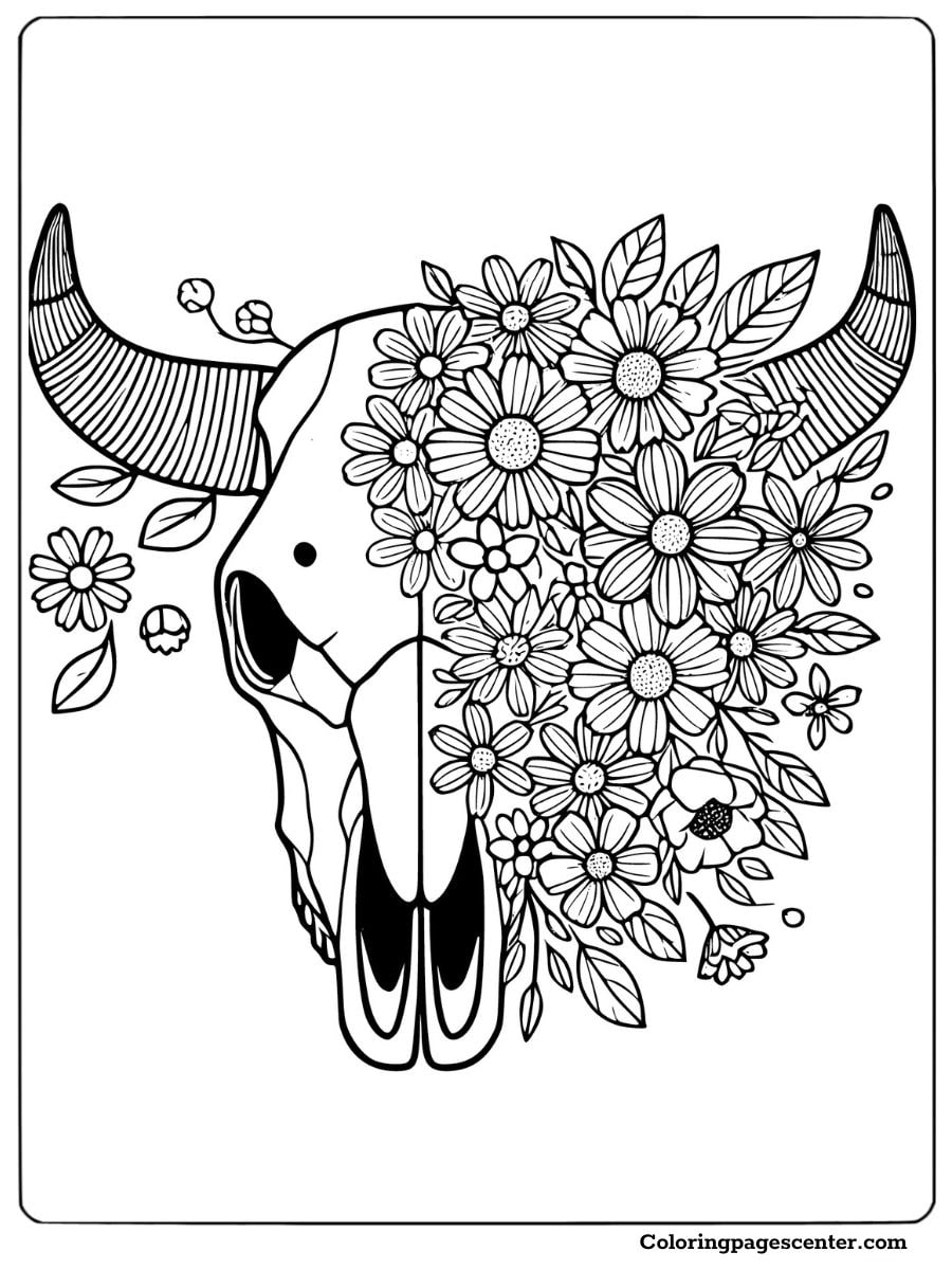 Half floral cow skull coloring page with blooming flowers