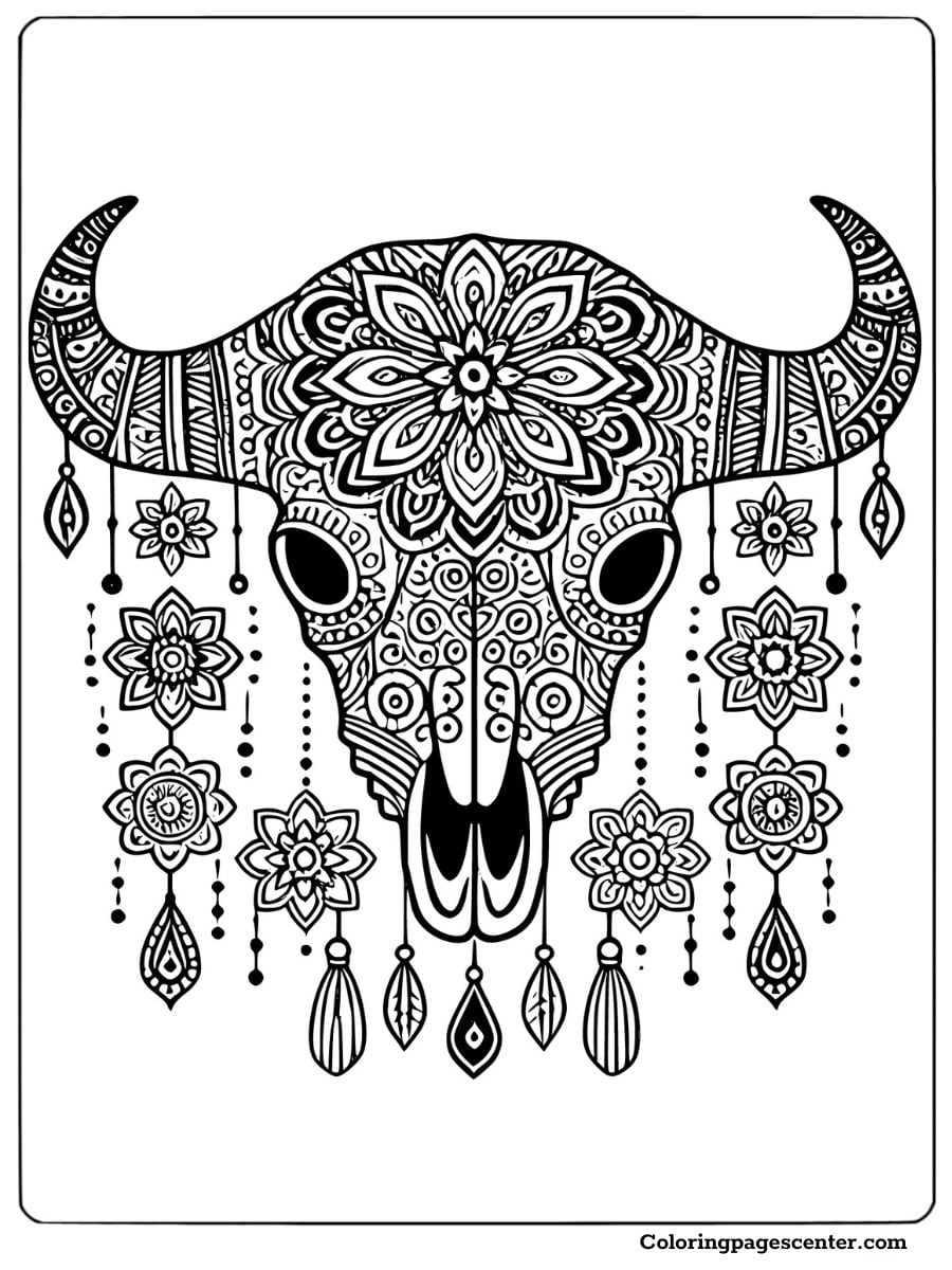 Intricate mandala cow skull coloring page with floral patterns