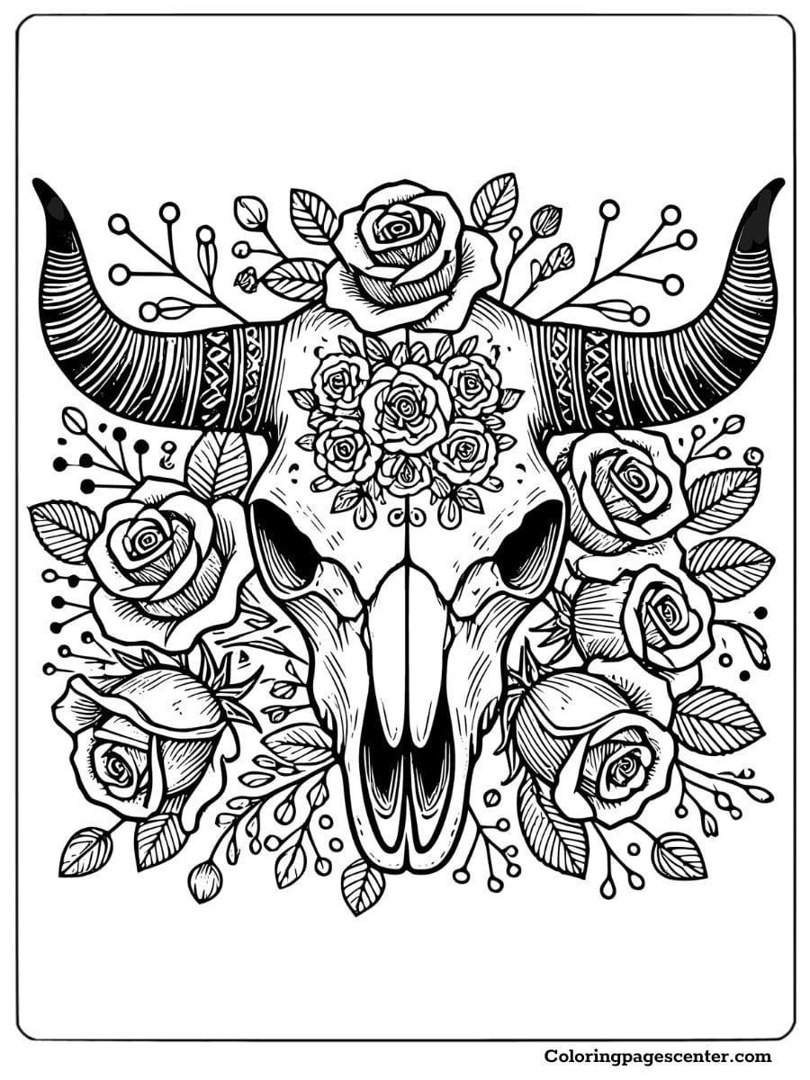 Cow skull decorated with roses and leaves coloring page